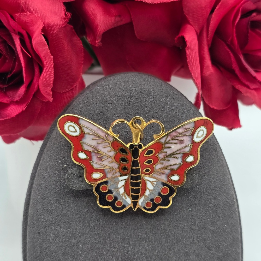 Vintage Cloisonne Enamel Butterfly Brooch Pendant Red Gold Tone Winged Pin Retro